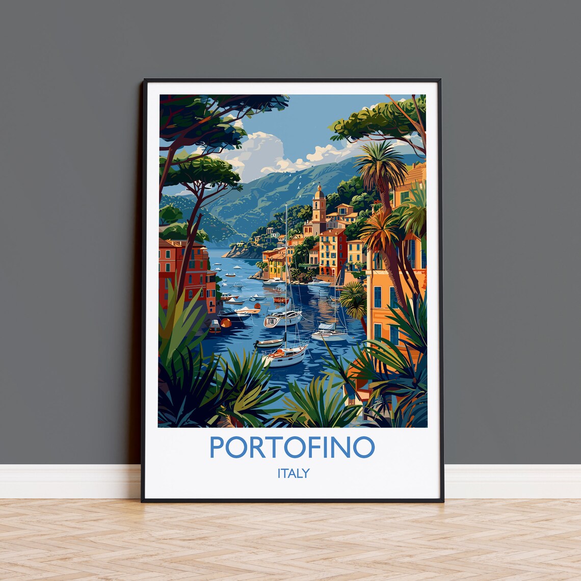 Portofino Italy Yachts in Harbor Palm Trees Village Travel Poster