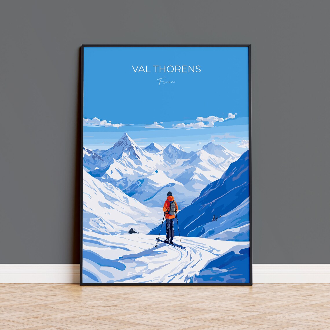Val Thorens France Skier Alpine Peaks Snowy Resort Travel Poster