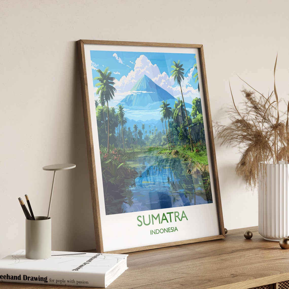 Sumatra Indonesia Volcano Palm River Jungle Vista Travel Poster - Image 3