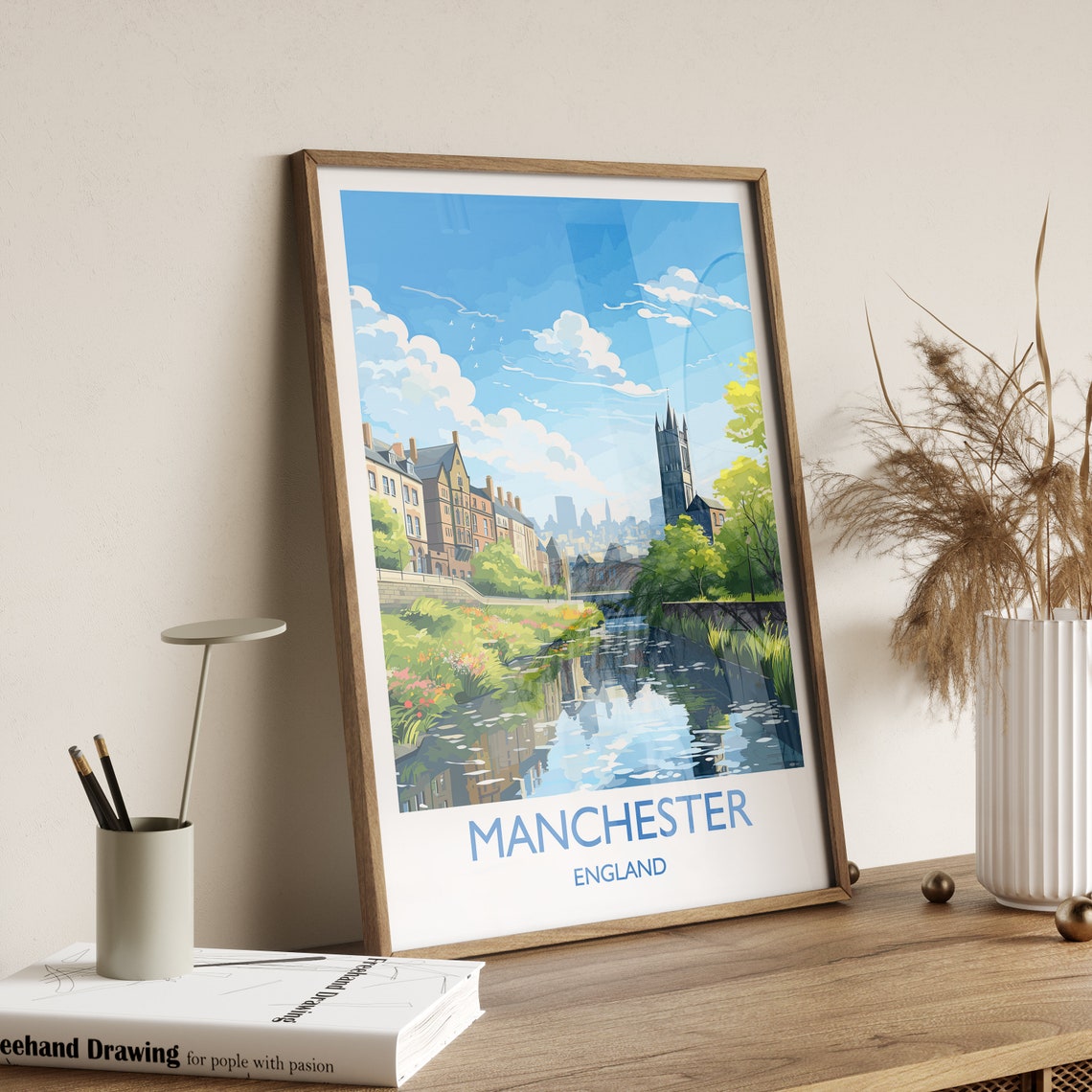 Manchester England Canal Waterside Skyline Landmark Art Poster - Image 3