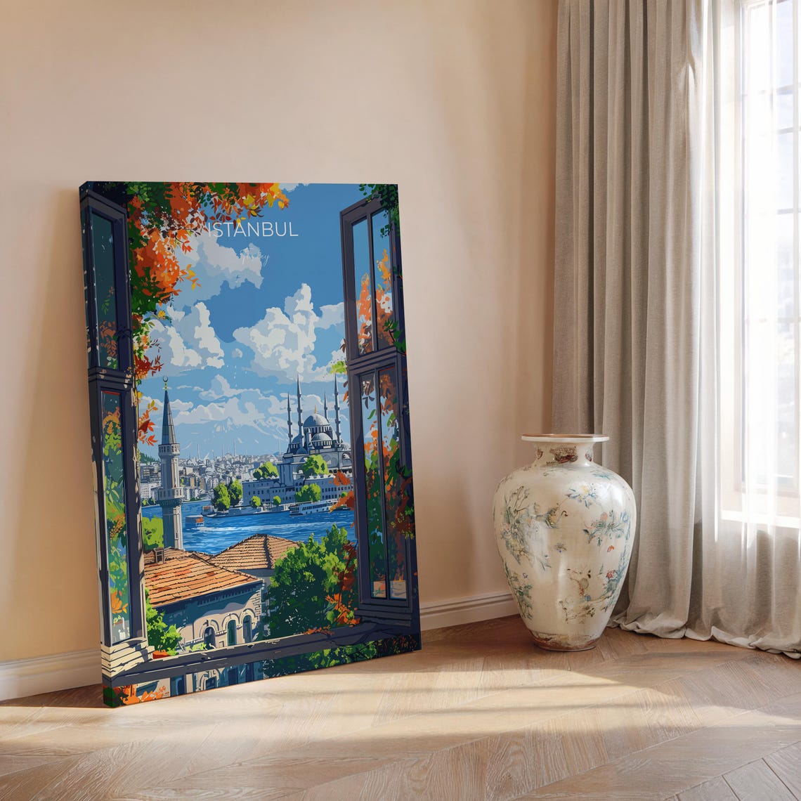 Istanbul Turkey Mosque Skyline Framed by an Open Window Poster - Image 2
