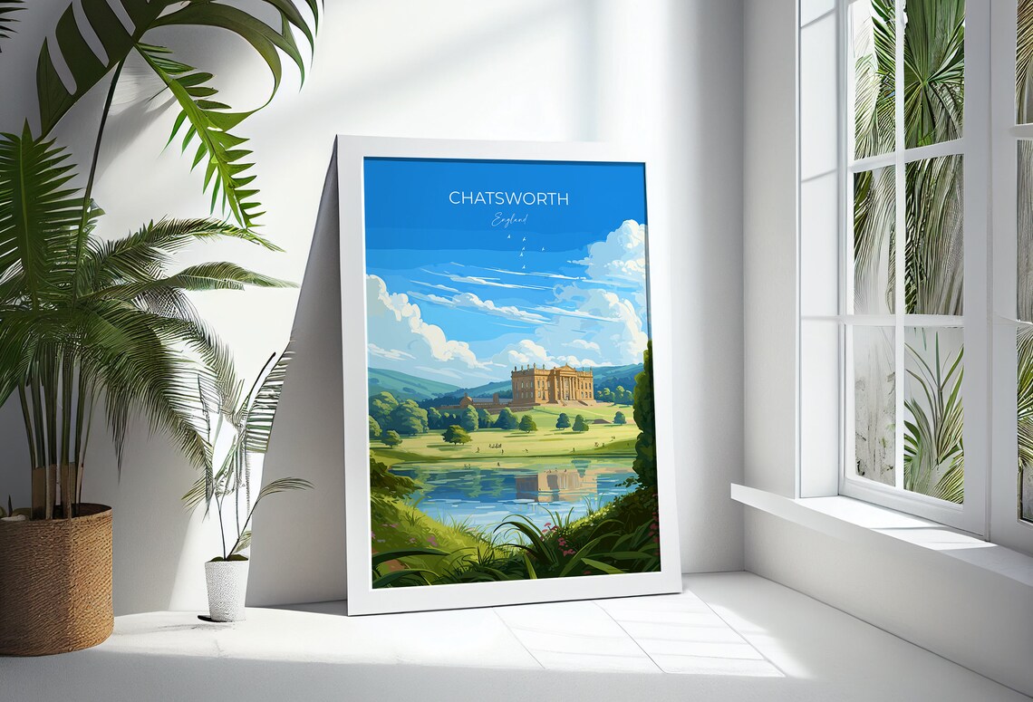 Chatsworth England Travel Poster Stately Home Gardens Lake View - Image 3