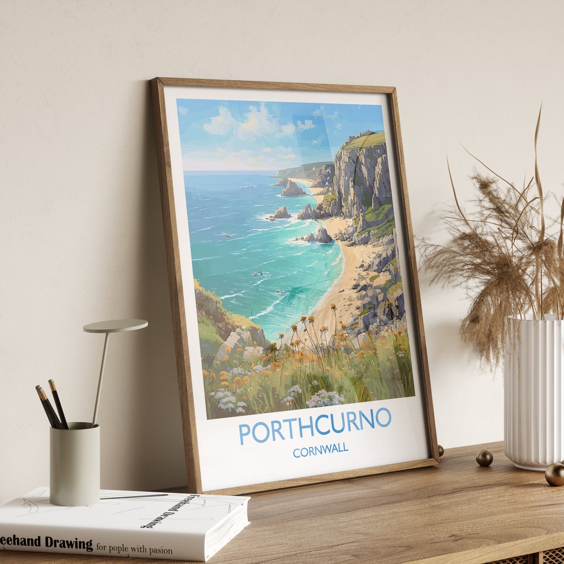 Porthcurno Cornwall England Cliff Beach Wildflower Art Poster - Image 3