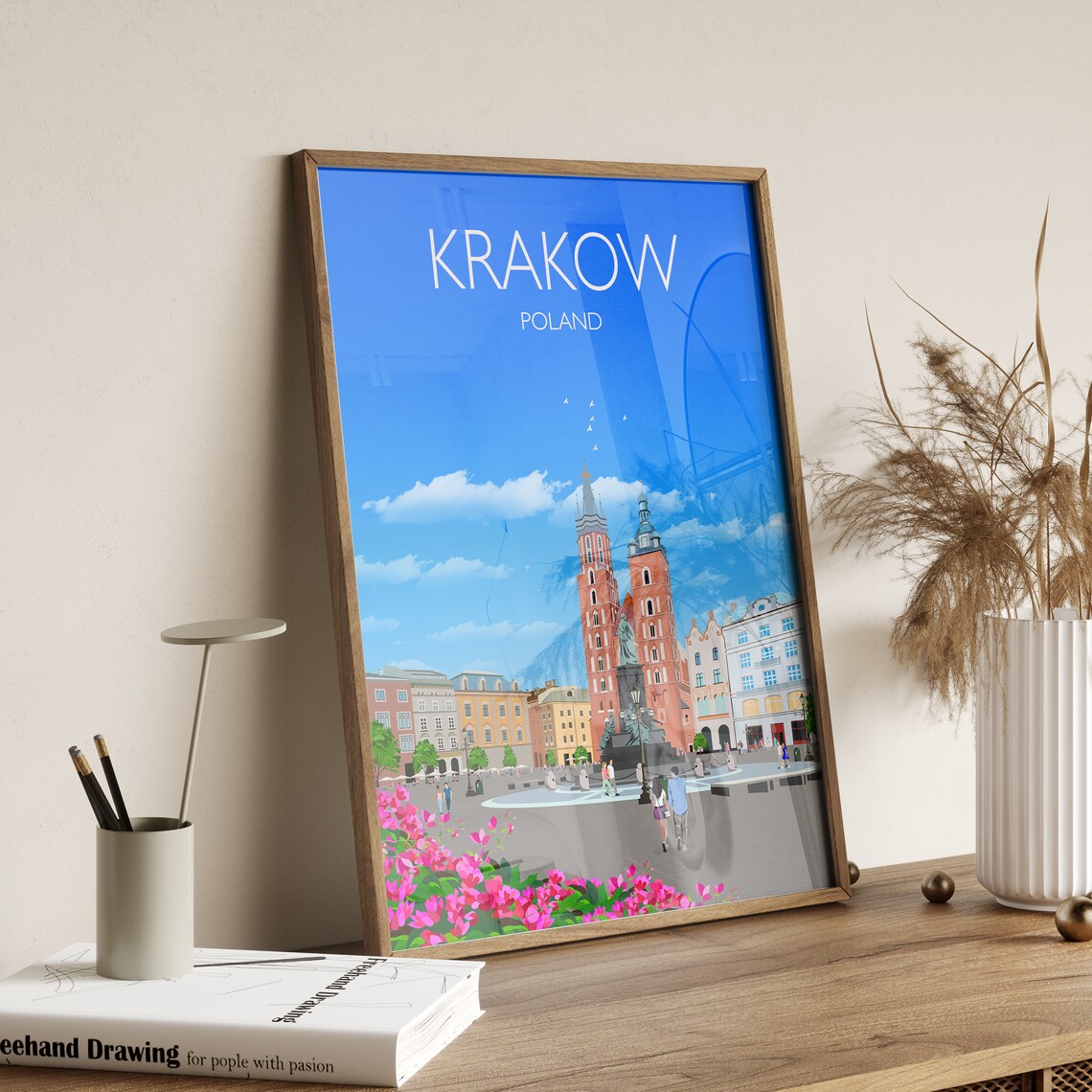 Krakow Poland Old Town Square Twin Spires Skyline Art Poster - Image 2