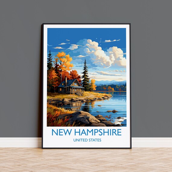 New Hampshire Autumn Lakeside Log Cabin Fall Foliage Art Poster