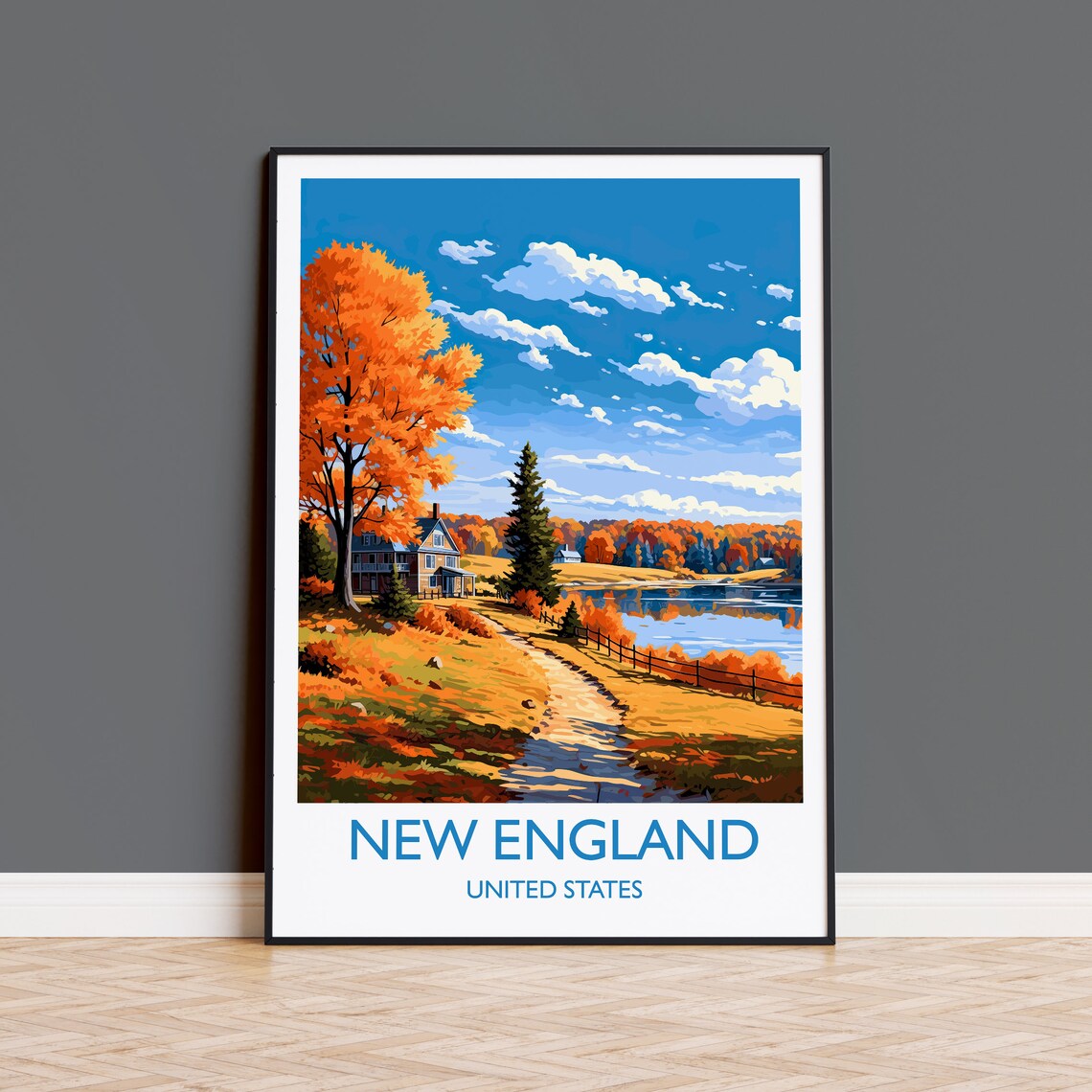 New England Autumn Travel Poster, Fall State Print