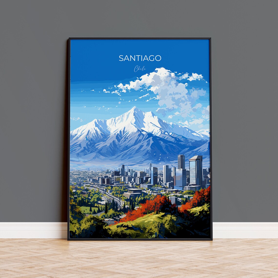 Santiago Chile Andes Mountains Cityscape Panorama Travel Poster