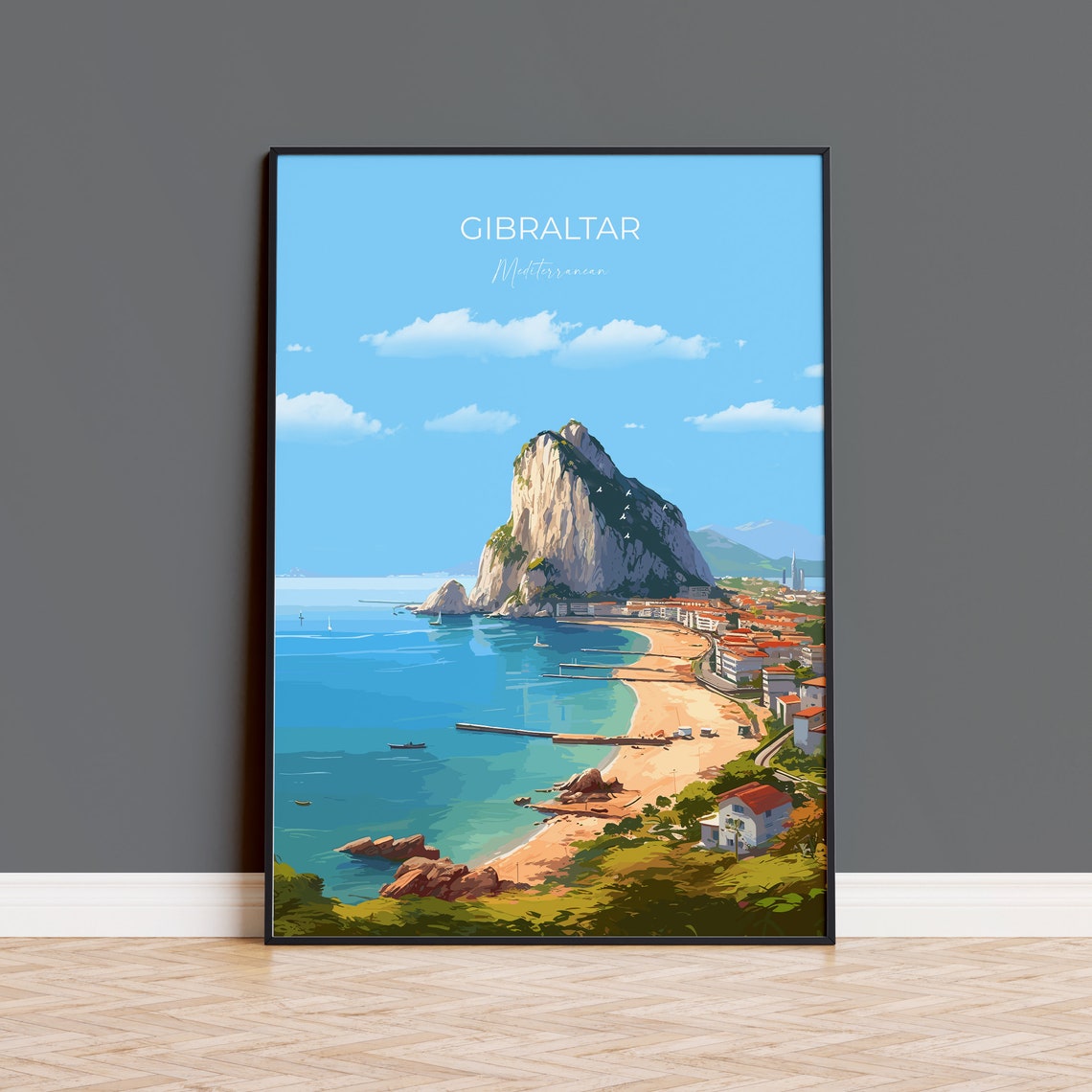 Gibraltar Mediterranean Rock Coast Beach Travel Poster Wall Decor
