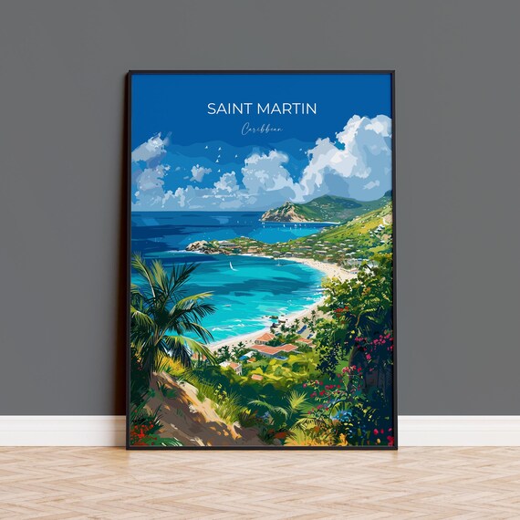 Saint Martin Caribbean Hillside Cove Beach Palm Trees Travel Poster