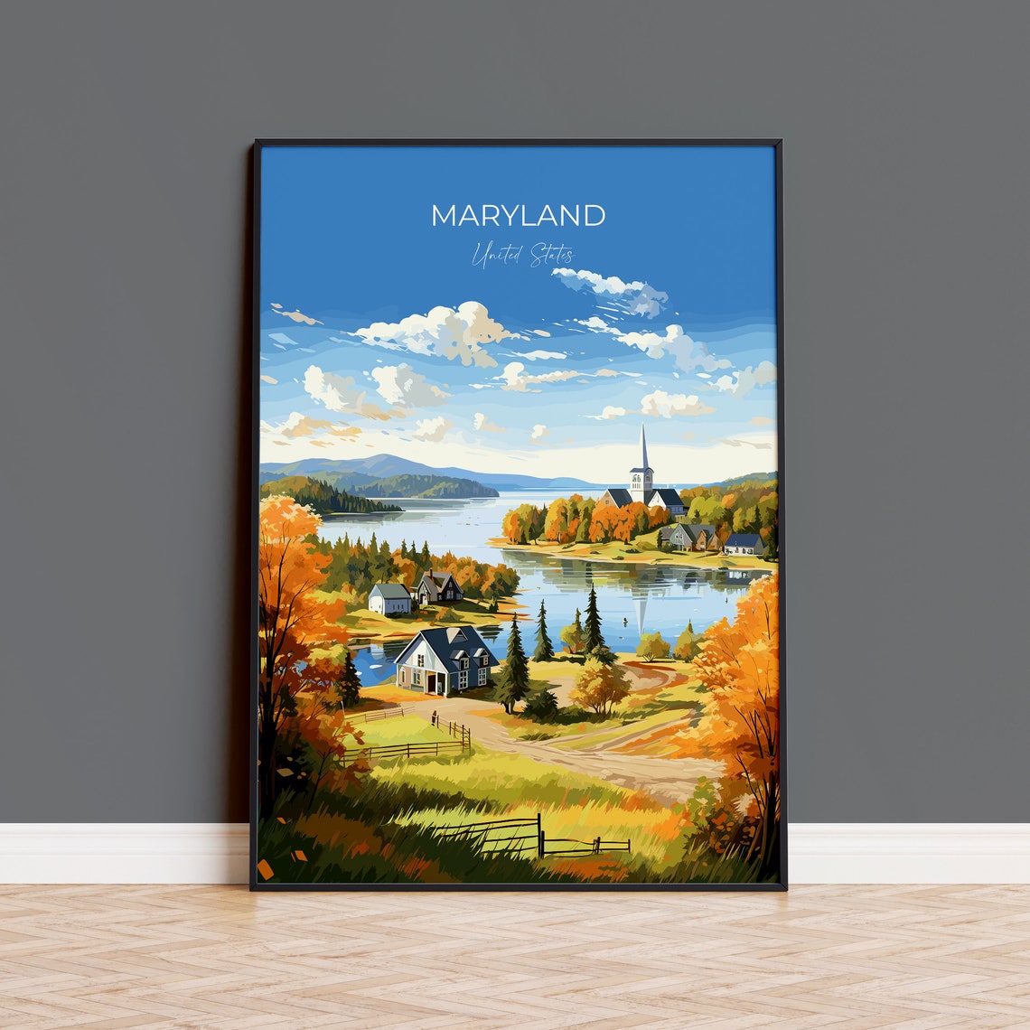 Maryland Autumn Lakeside Town United States Scenic Fall Poster