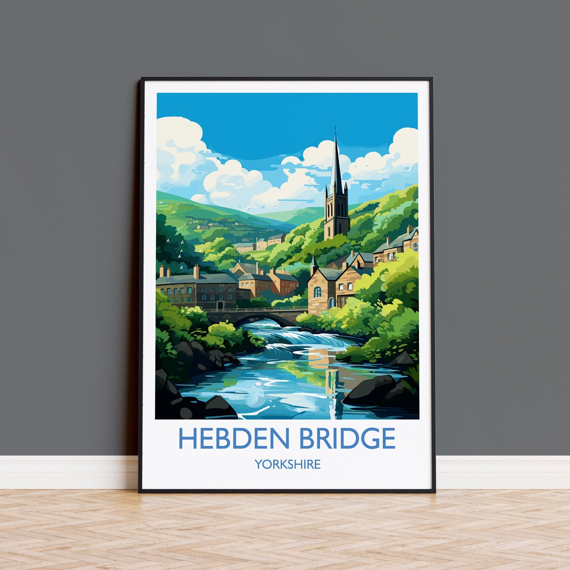 Hebden Bridge Yorkshire Church River Stone Bridge Travel Poster