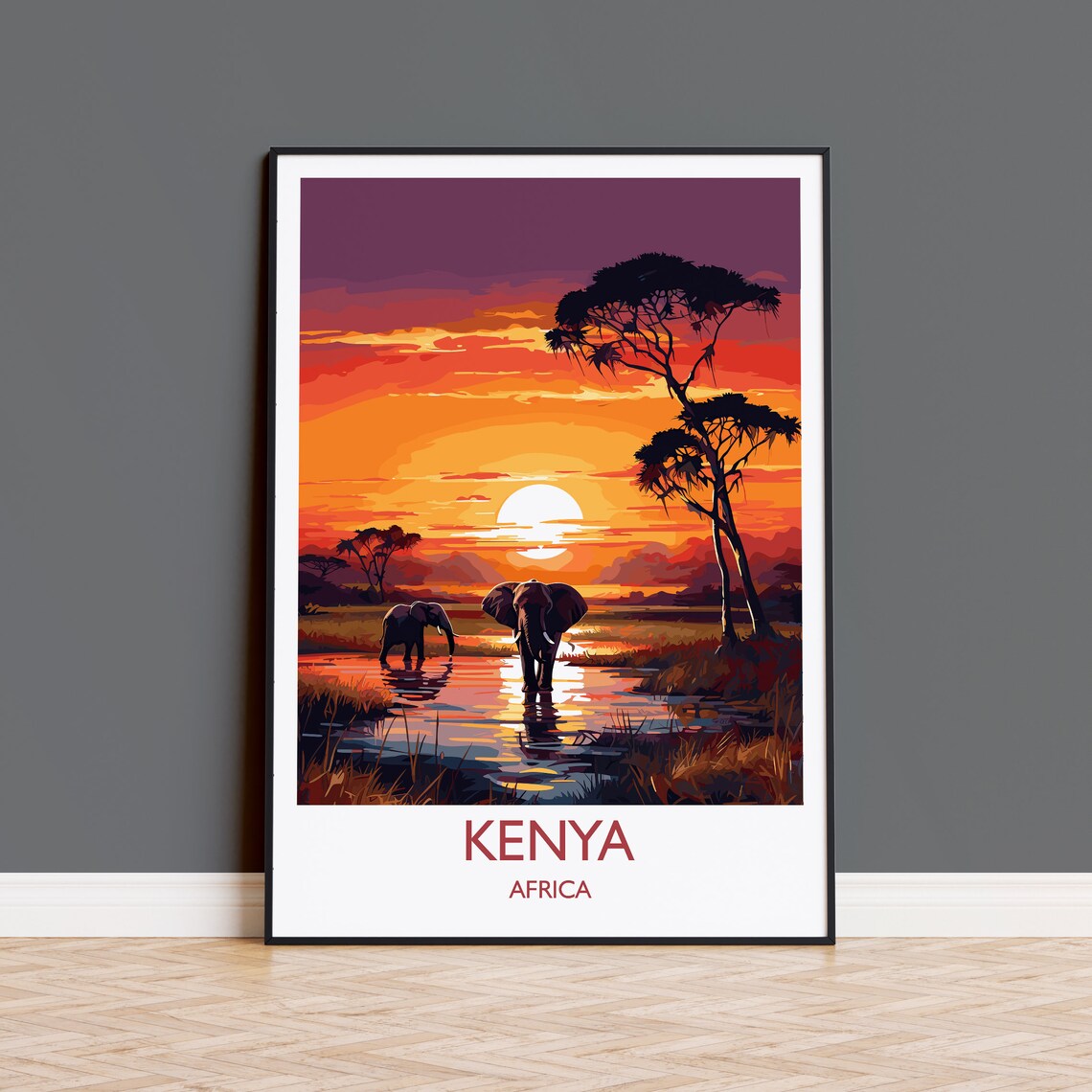 Kenya Travel Poster, Africa Sunset Travel Poster