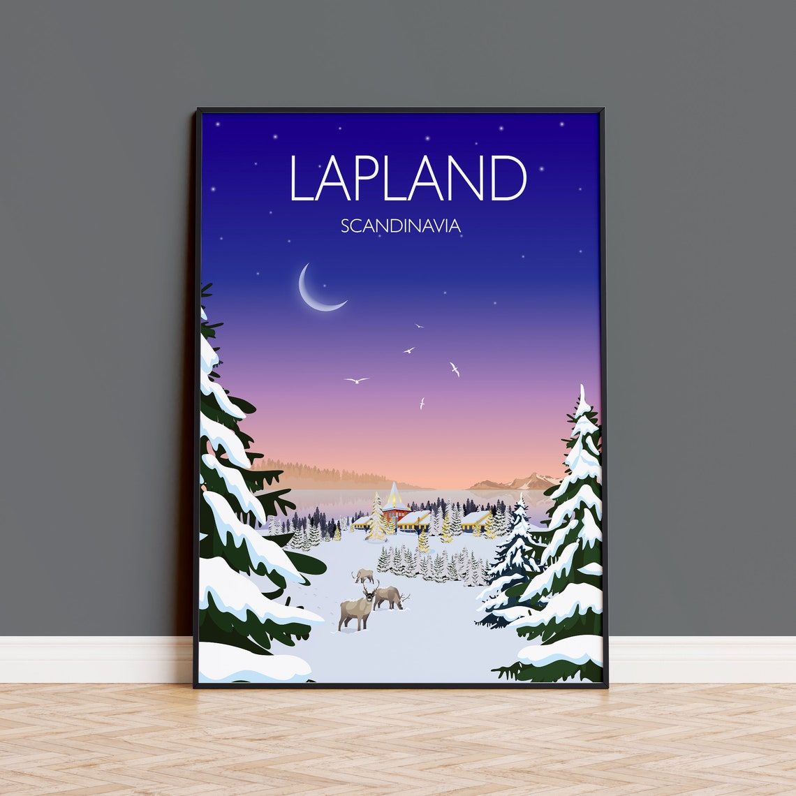 Lapland Scandinavia Snowy Village Reindeer Moonlight Art Poster