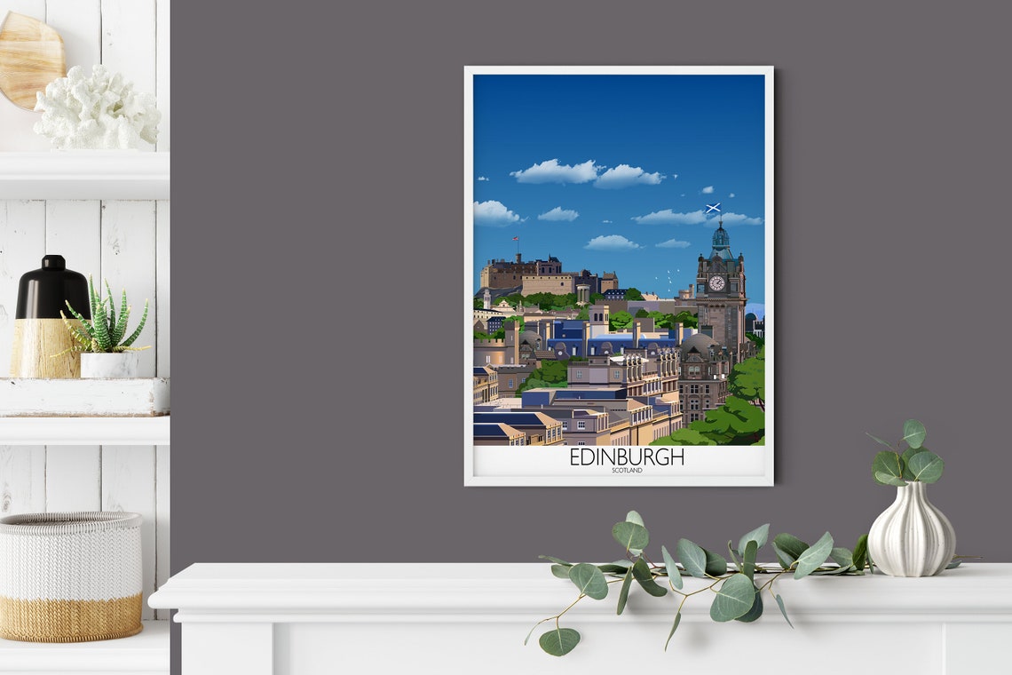 Edinburgh Scotland Travel Poster of Castle and Clock Tower View - Image 2