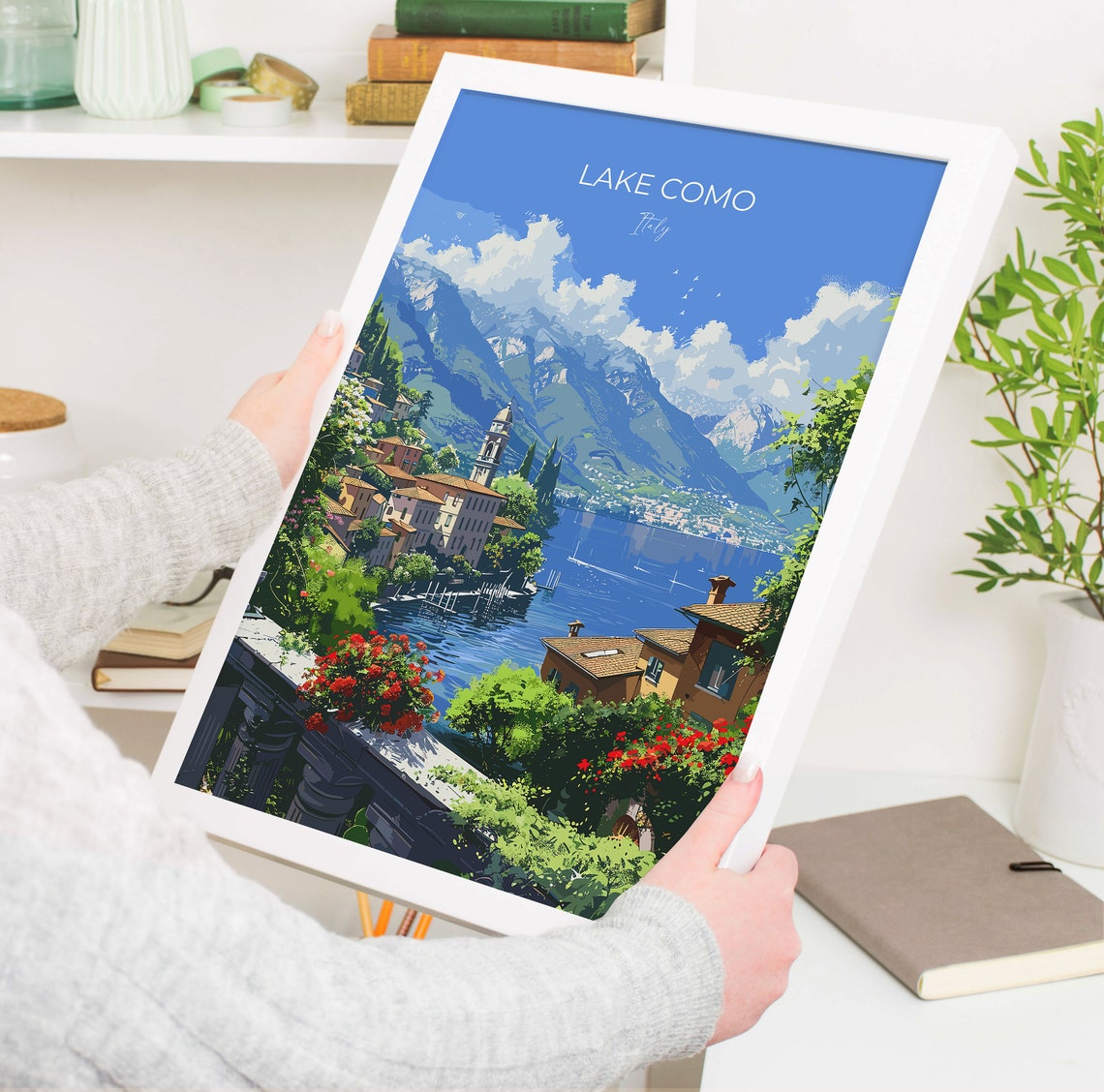 Lake Como Italy Bell Tower Harbour Mountains View Summer Poster - Image 3