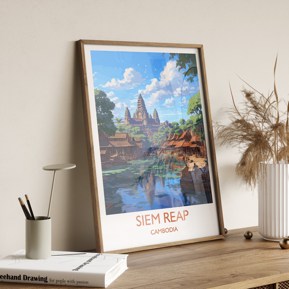 Siem Reap Cambodia Angkor Wat Moat Village Temple Art Poster - Image 3
