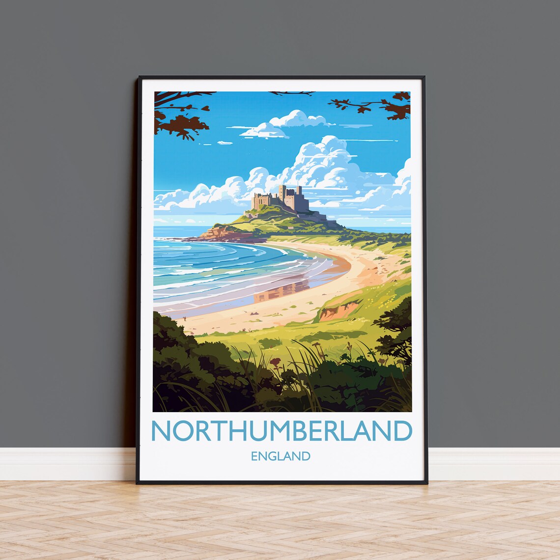 Northumberland Coast England Travel Poster, Bamburgh Castle