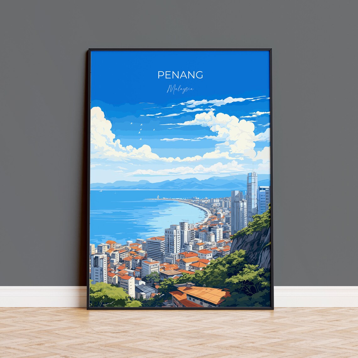 Penang Malaysia Coastal City Skyline Bay View Tropical Travel Poster