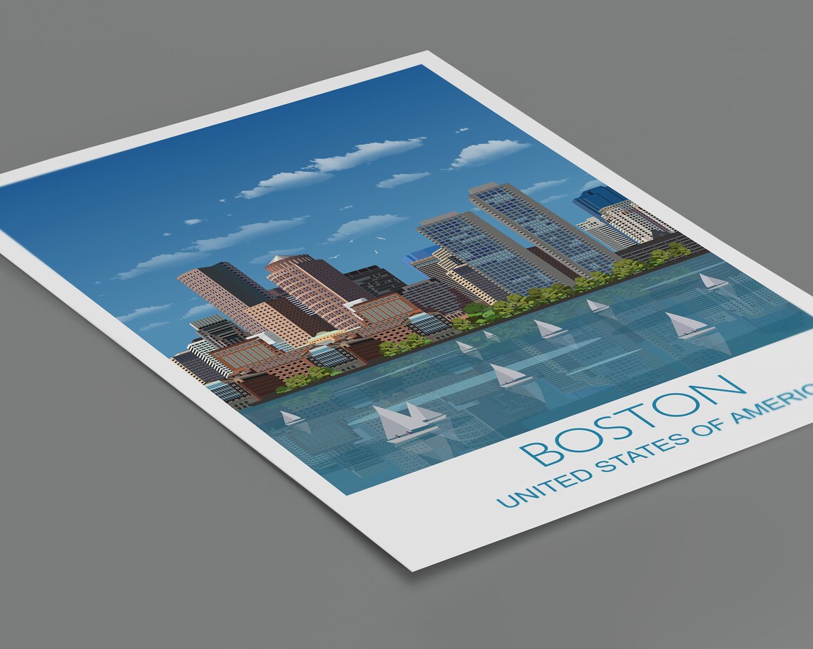 Boston Cityscape Travel Poster, Massachusetts Skyline - Image 2