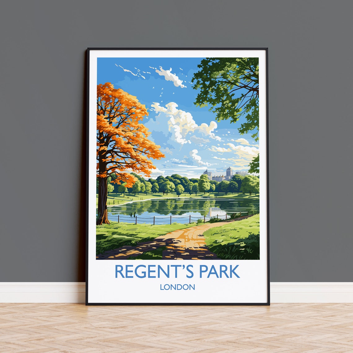 Regent's Park London Autumn Lake Path Garden Landscape Poster