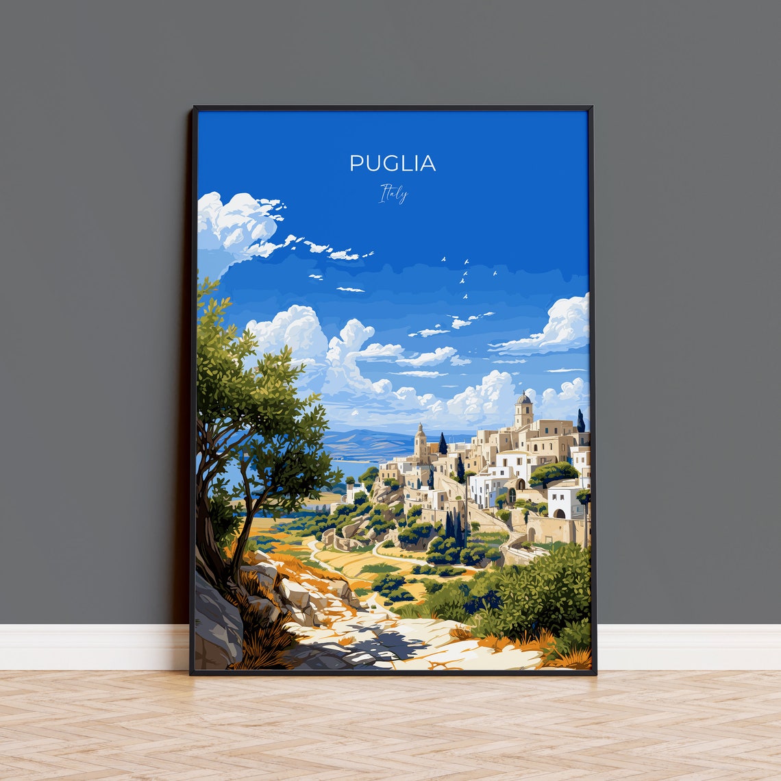 Puglia Italy Whitewashed Hill Town Bright Blue Sky Travel Poster