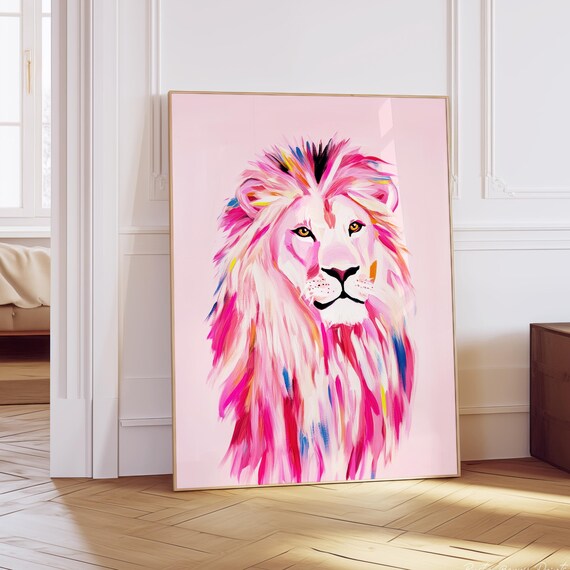 Pink Lion Portrait Colorful Pop Art Painting Whimsical Wall Art Poster