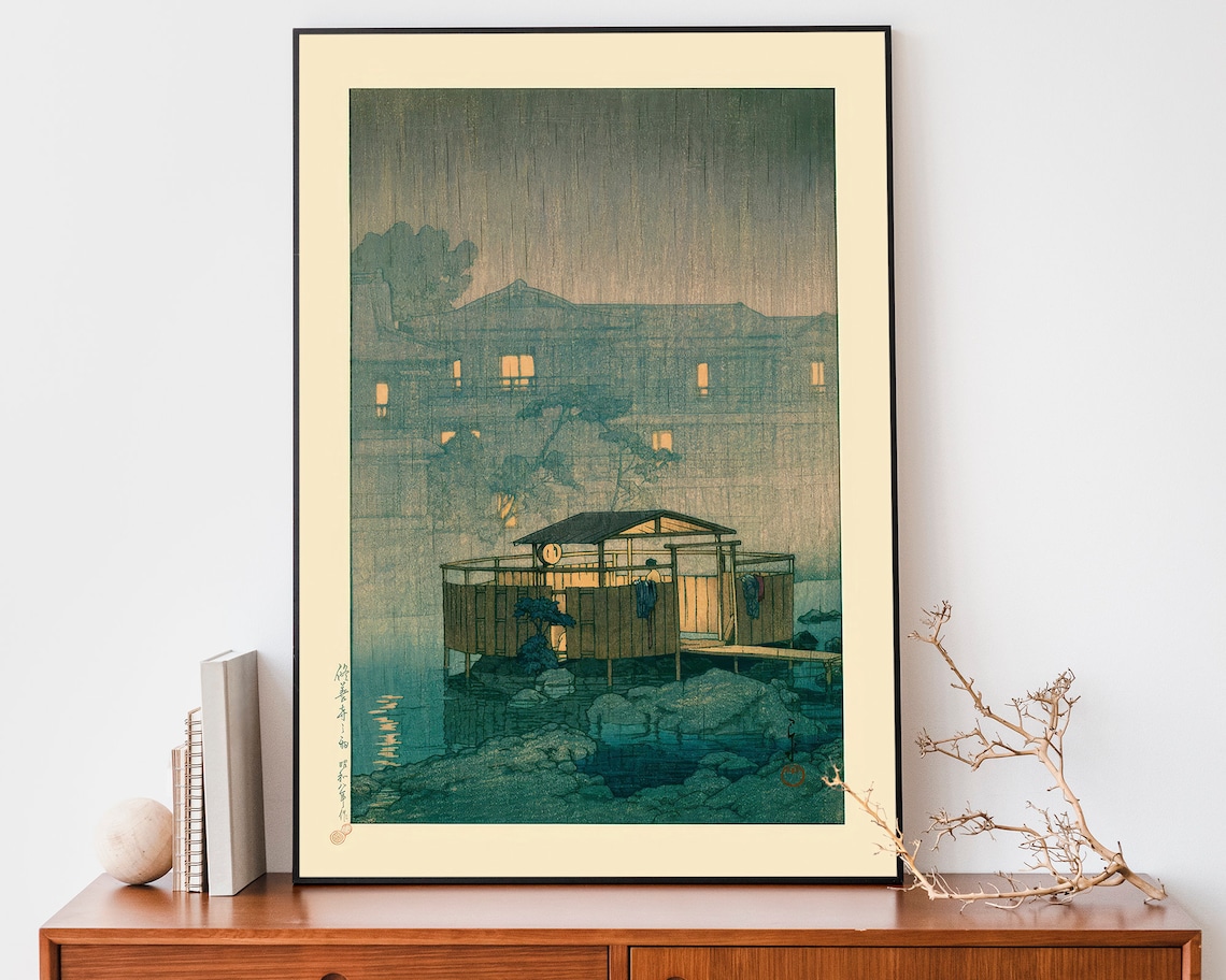 Japanese Rain Night Riverside Shelter Woodblock Style Art Poster