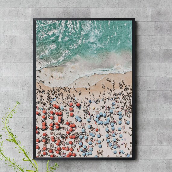 Aerial Beach Crowd Colorful Umbrellas Ocean Summer Photography Print