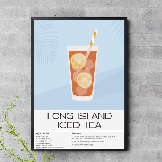 Long Island Iced Tea Full Recipe Art Cocktail Print For Bar Or Kitchen Wall
