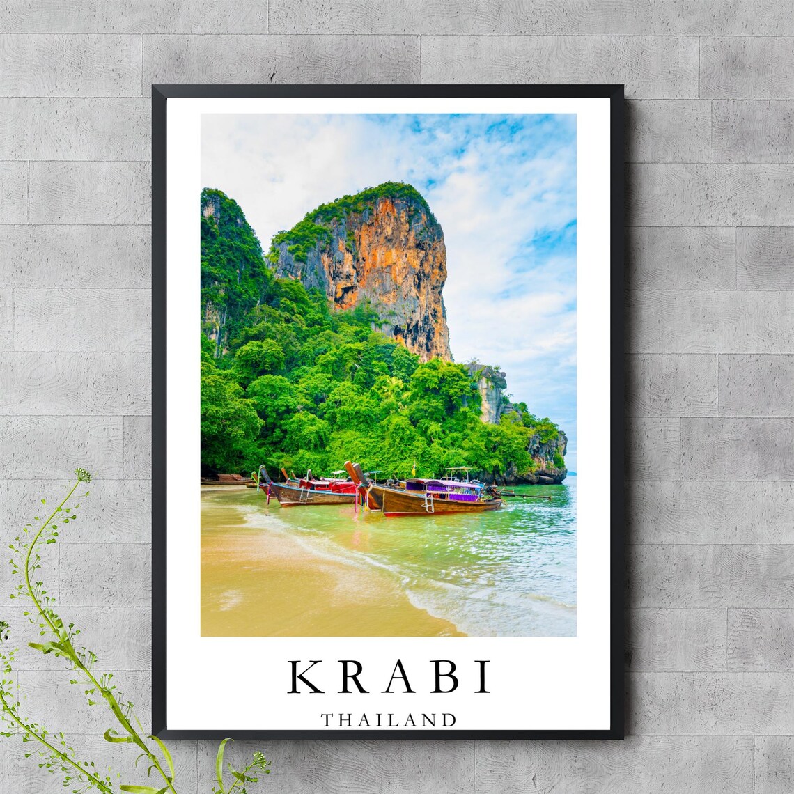 Krabi Thailand Longtail Boats Beach Photo Karst Cliffs Shore Art Poster