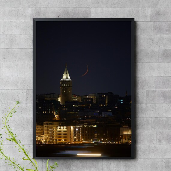 Galata Tower Night Sky Wall Art Crescent Moon Over Istanbul Turkish Landmark Photography Cityscape Poster