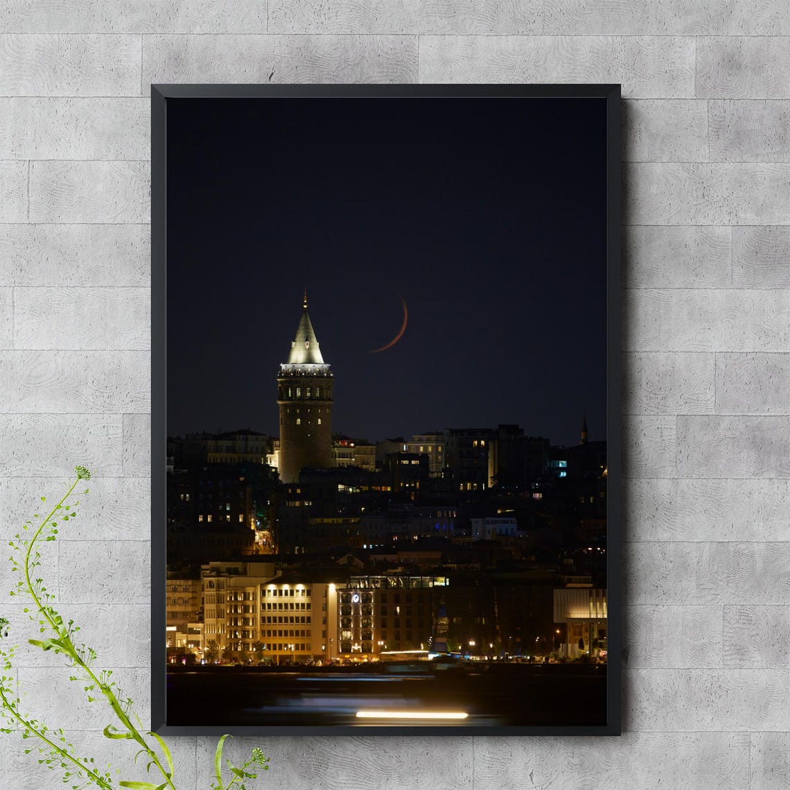 Galata Tower Night Sky Wall Art Crescent Moon Over Istanbul Turkish Landmark Photography Cityscape Poster