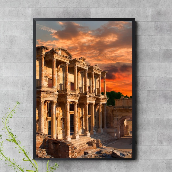 Library of Celsus Ephesus Sunset Ancient Roman Ruins Travel Photo Poster