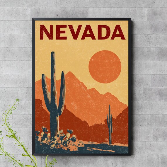 Nevada Desert Sunset Vintage Southwest Poster Saguaro Cactus Mountains