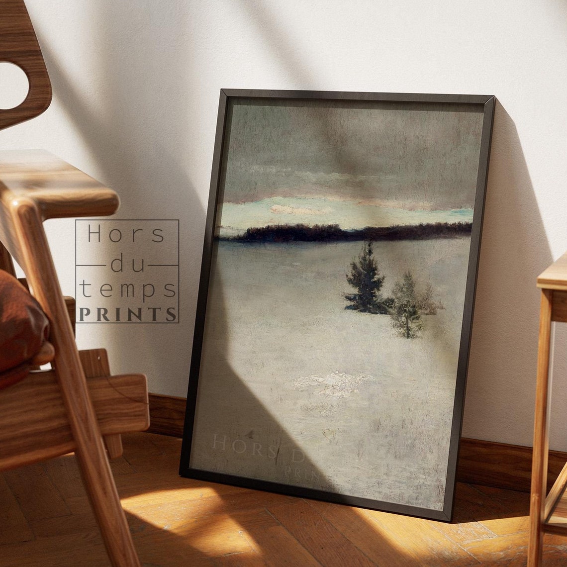 Minimalist Snowy Field Two Pines Frozen Lake Serene Winter Art Poster