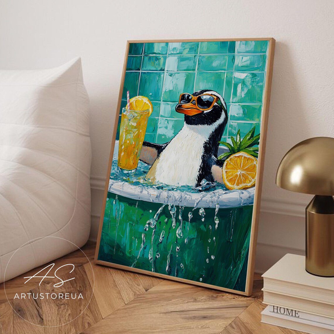 Penguin Bathroom Print, Tropical Cocktail Bath Scene