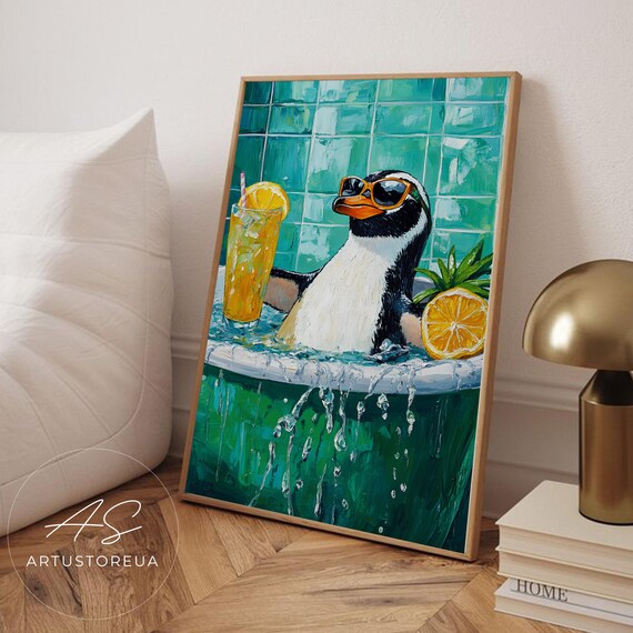 Penguin Bathroom Print, Tropical Cocktail Bath Scene