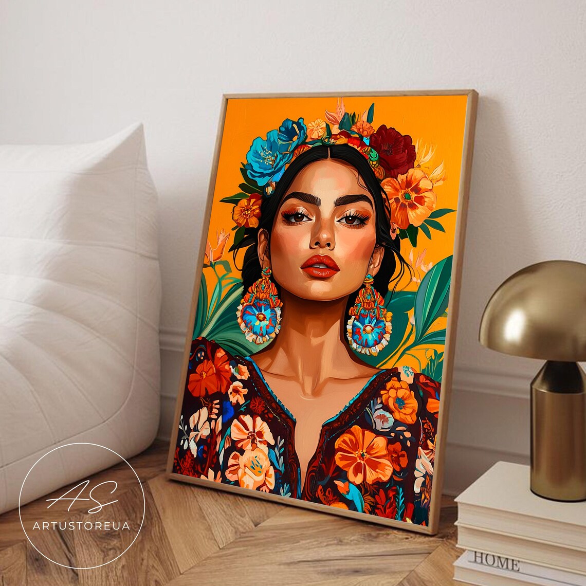 Latin Woman Art Print, Bold Floral Portrait