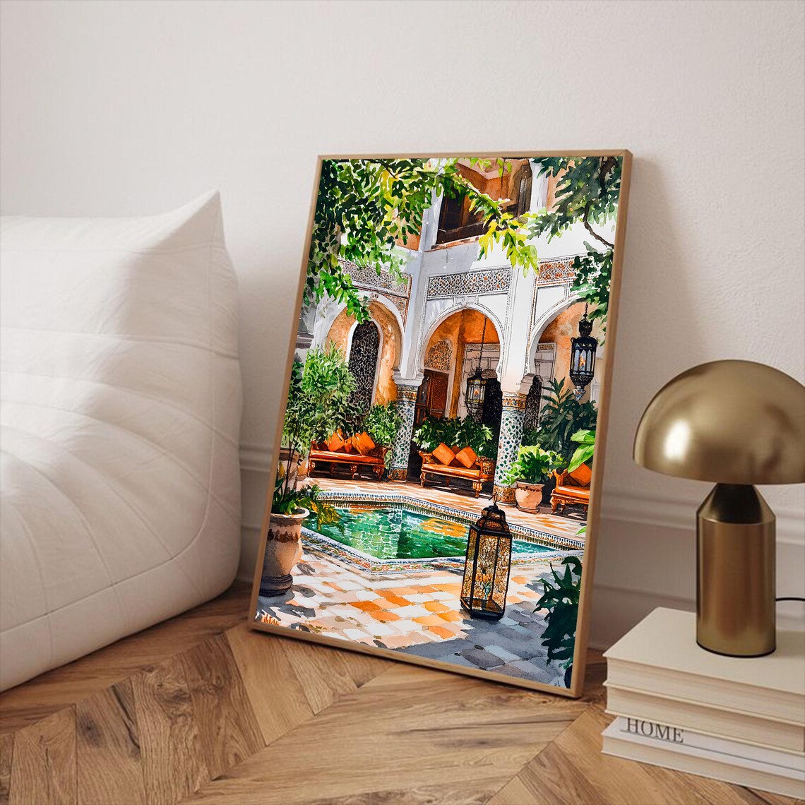 Morocco Watercolor Poster Print, Moroccan Courtyard