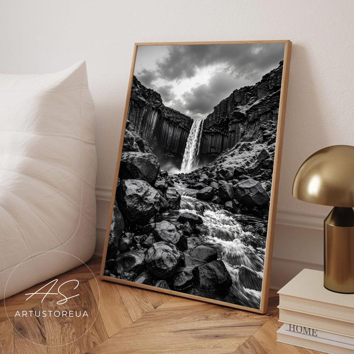 Iceland Basalt Column Waterfall Dramatic Black White Nature Poster