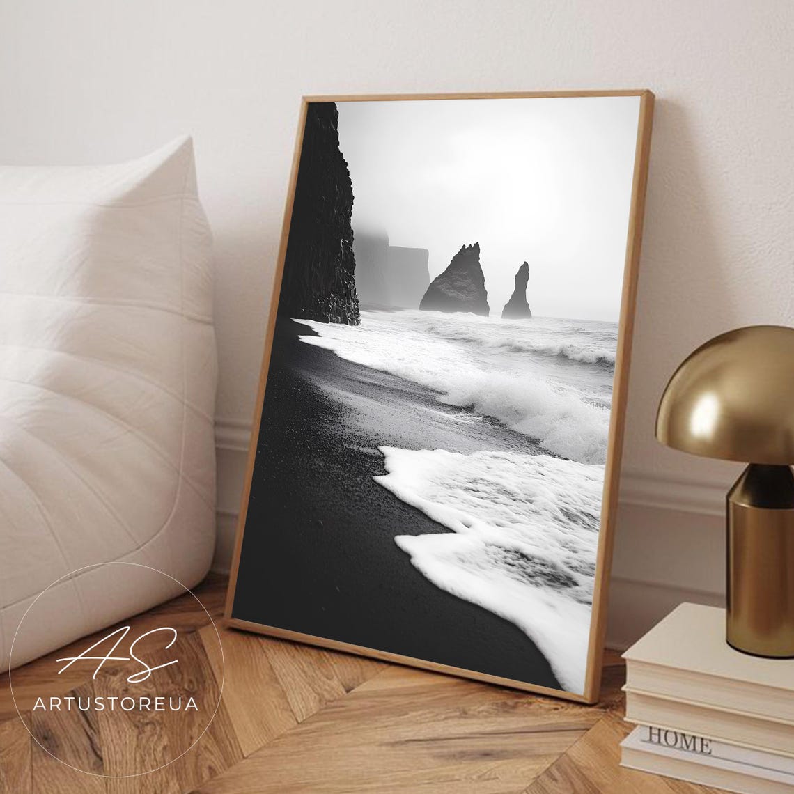 Black Sand Beach Sea Stacks Monochrome Ocean Wave Photography Poster