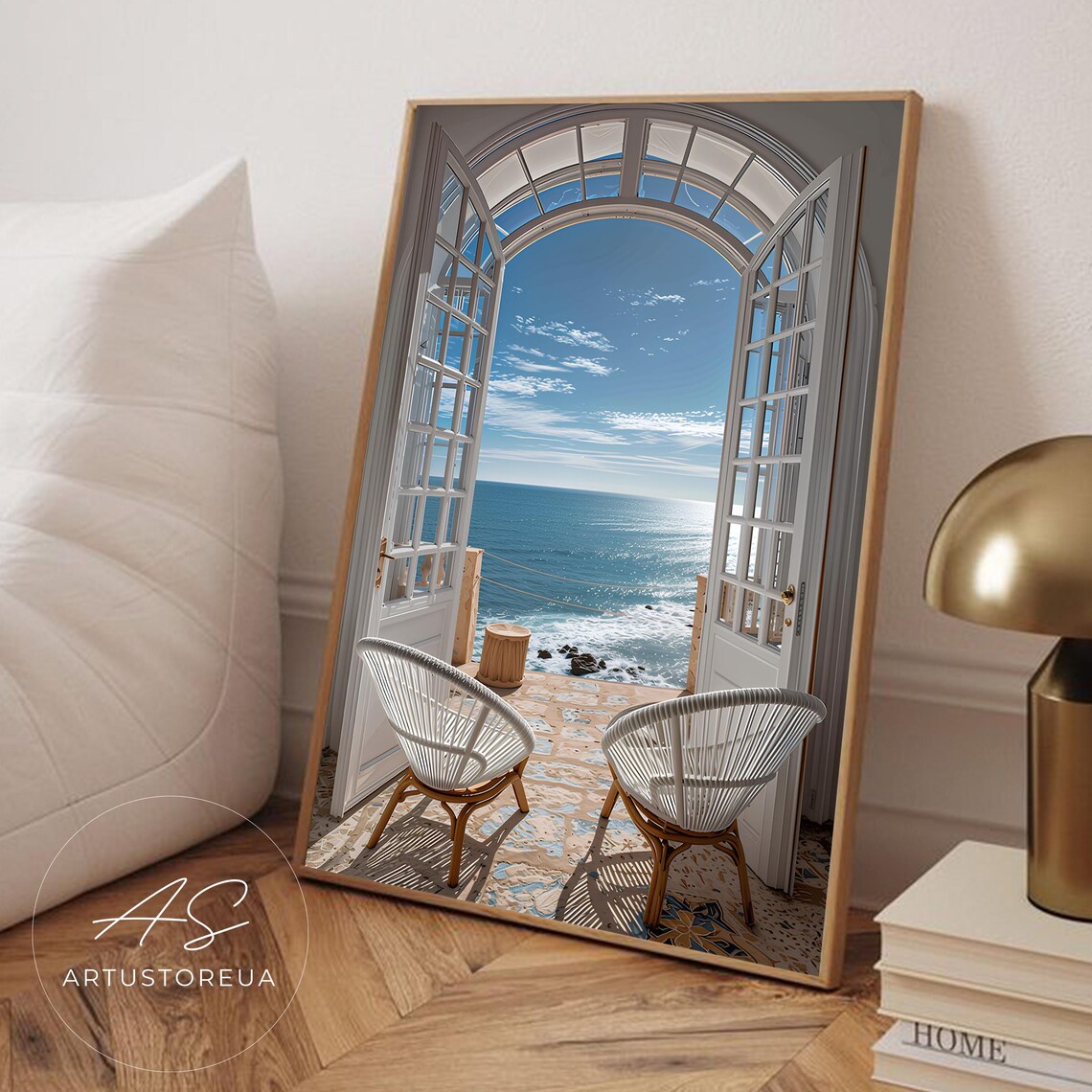 Peaceful Seaside View Through Arched White Doorway, Coastal Art Print