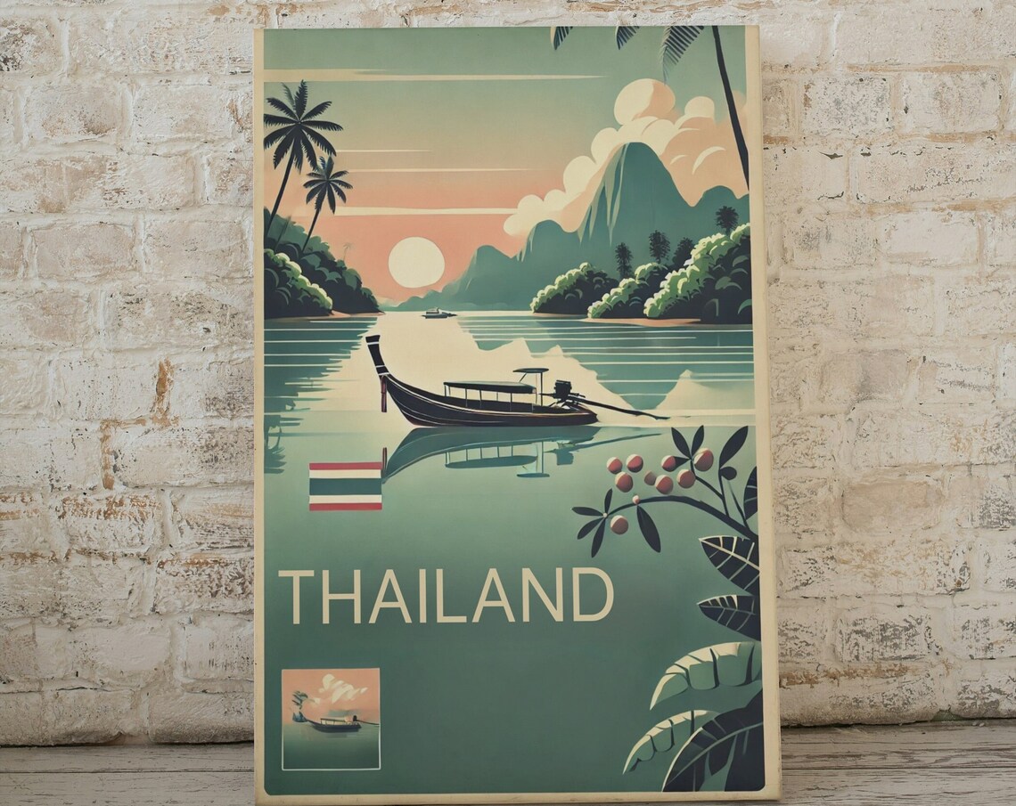 Thailand Longtail Boat Karst Cliff Sunset Vintage Retro Travel Poster