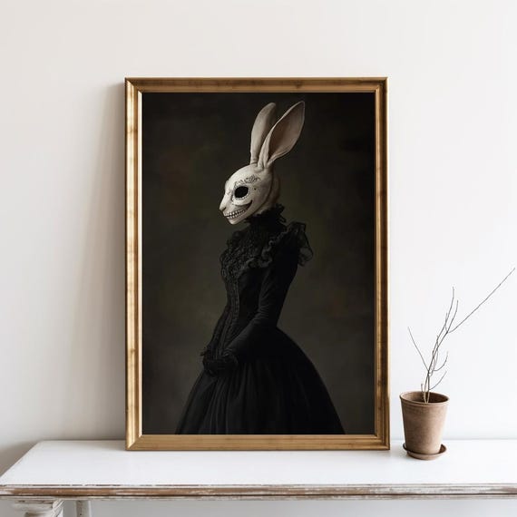 Lady In Black Gothic Rabbit Mask Print Dark Victorian Portrait Decor