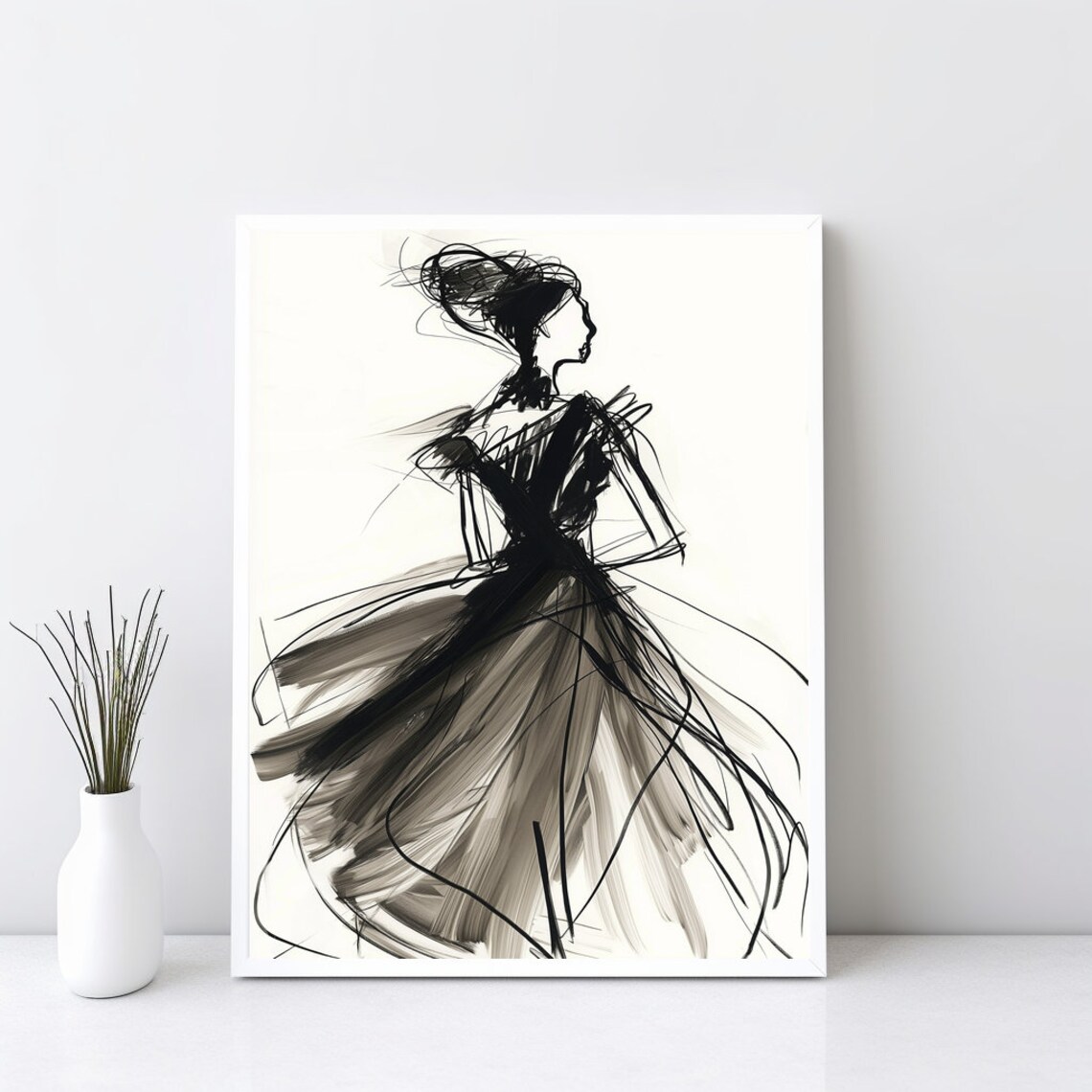 Elegant Black Ink Fashion Sketch Woman in Flowing Gown Art Poster