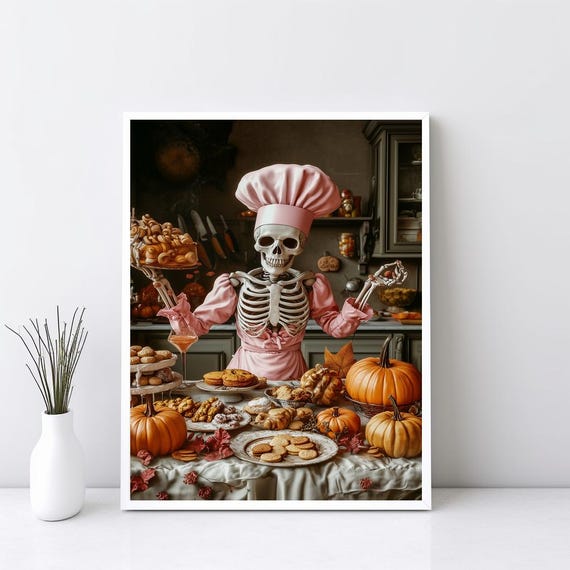Baking Skeleton Chef In Pink Poster Trendy Halloween Print Funny Wall Art Sg232