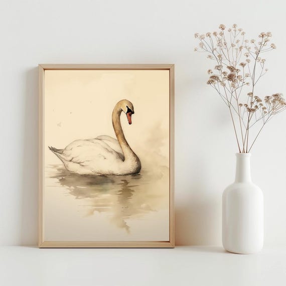 Vintage Swan Painting Print Country Farmhouse Decor Art Antique Nursery Wall Watercolor Neutral Sg139