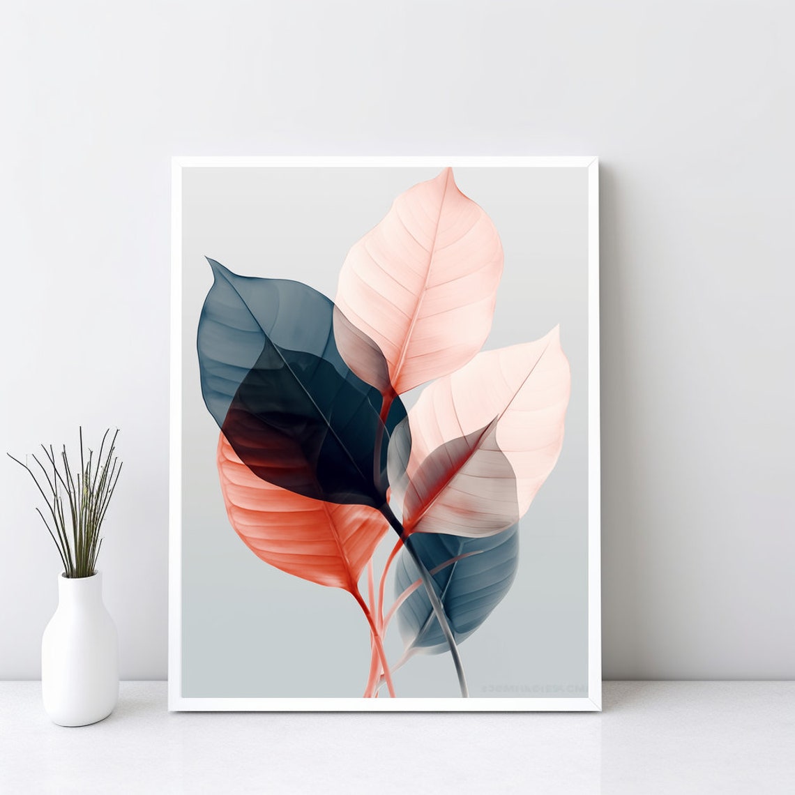 Blush Pink Navy Coral Translucent Leaves Botanical Art Poster