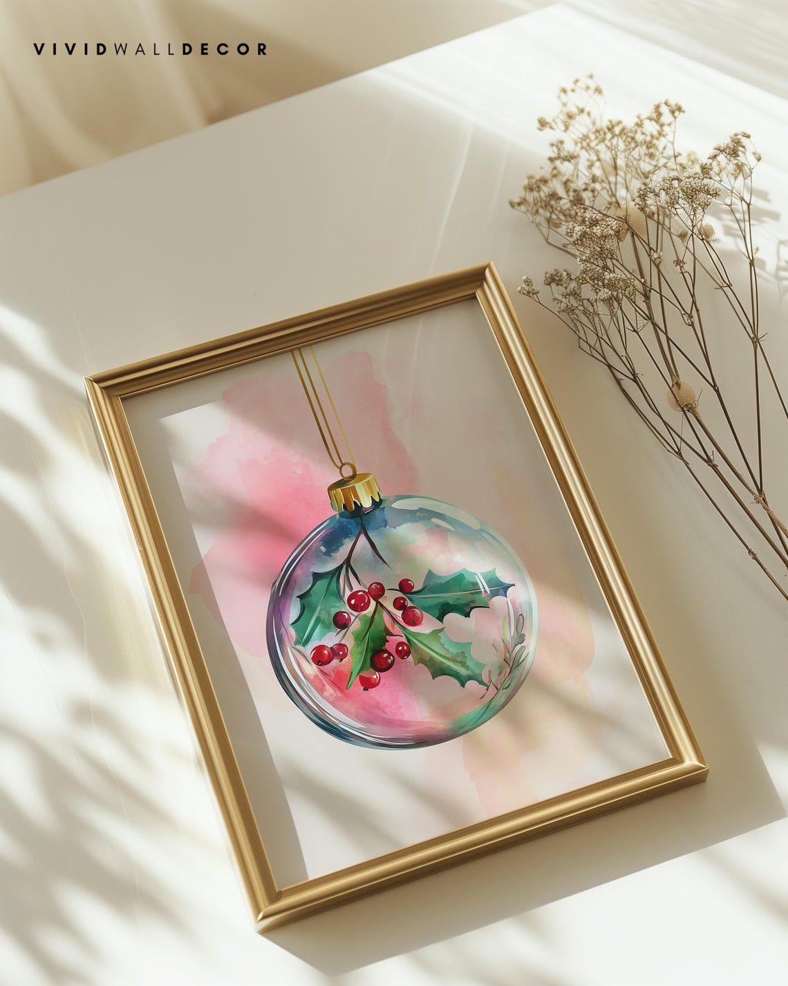 Glass Christmas Ornament With Holly Art Poster Pink Holiday Wall Decor - Image 4