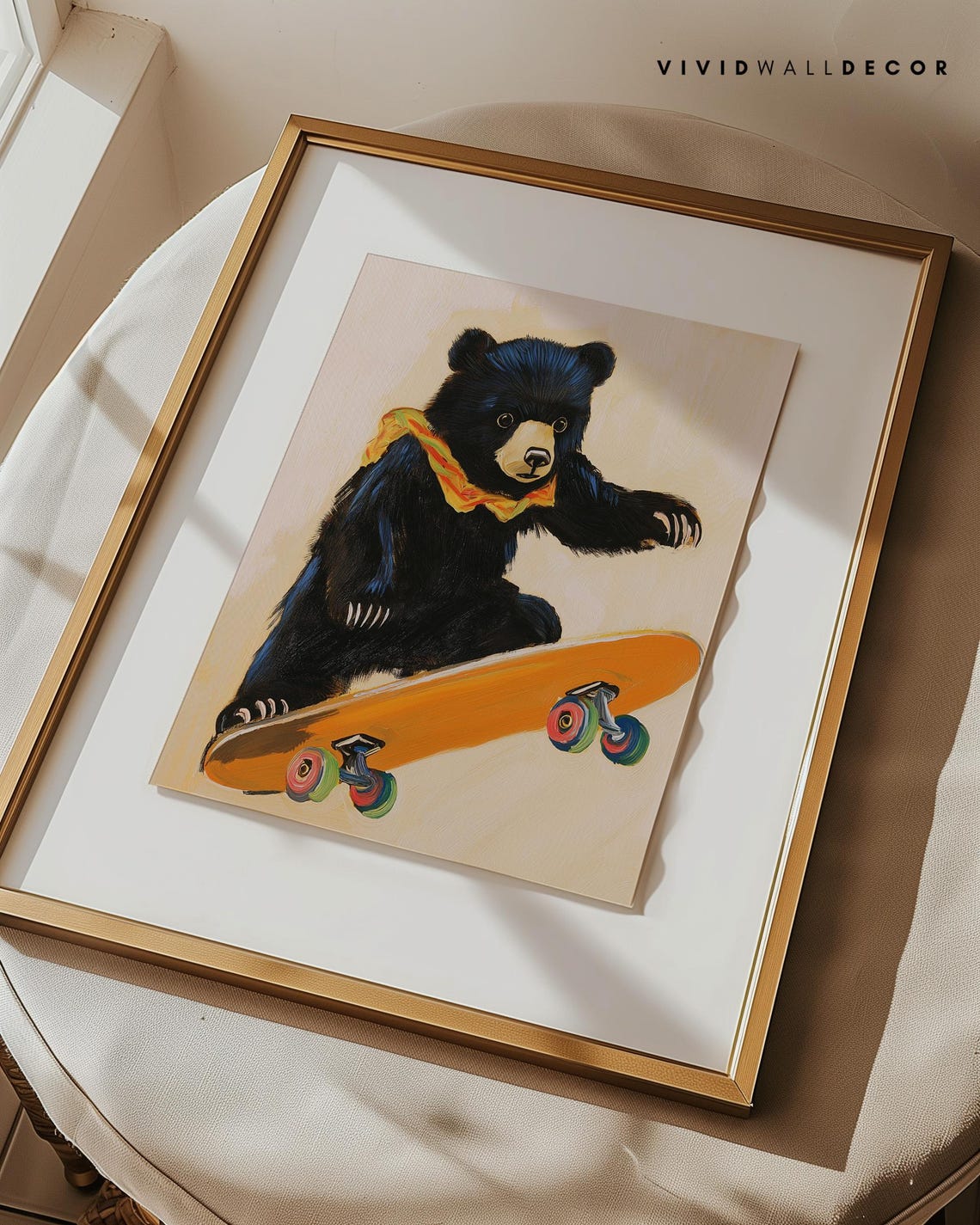 Black Bear Cub on Orange Skateboard Playful Kids Room Art Poster - Image 3